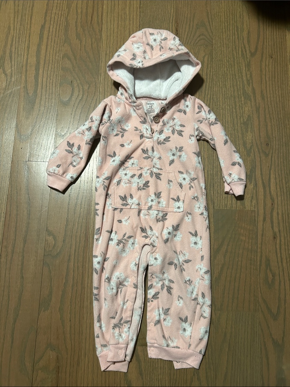 Carter's Pink and White Floral Hooded Fleece Coverall